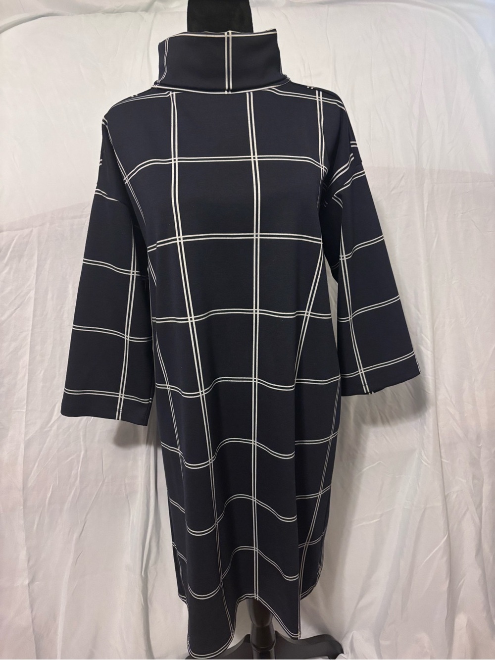LOFT Navy Windowpane Turtleneck Shift Dress